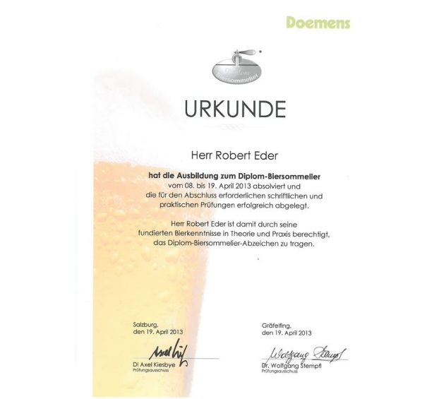 Urkunde für Robert Eder für die Ausbildung zum diplomierten Biersommelier